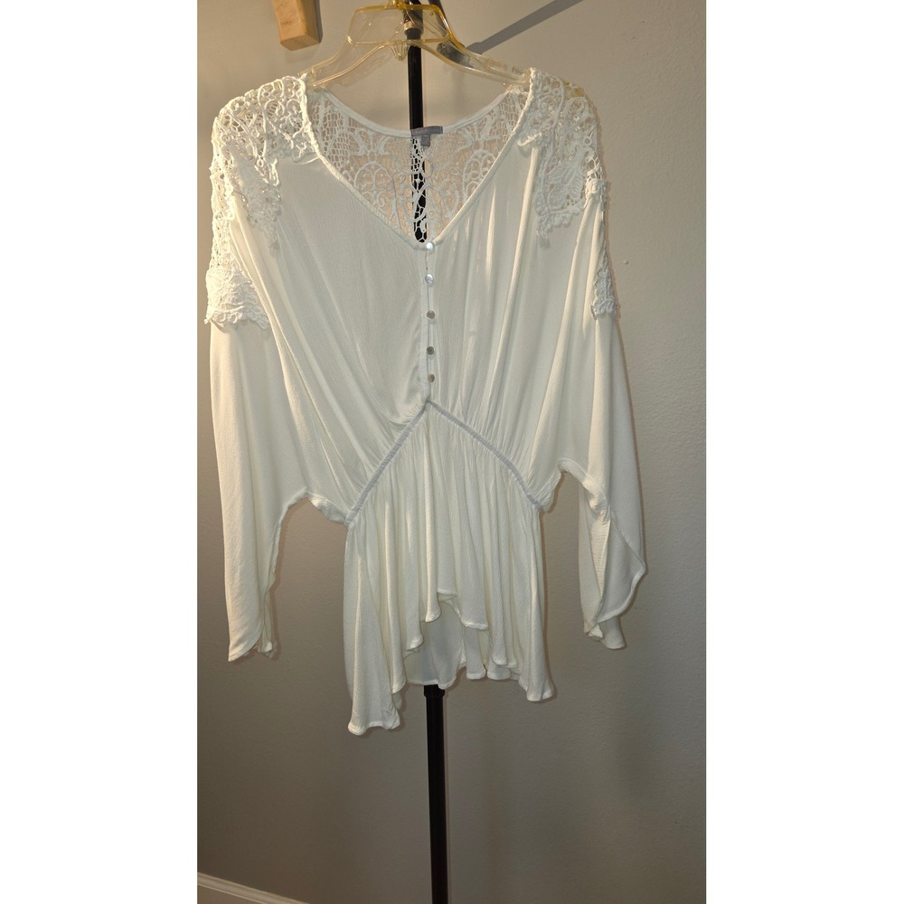 Charlotte Russe White Crochet Lace Boho Peplum Blouse Long Dolman Sleeve XL